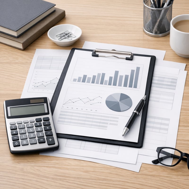 Organized Desk with Calculator and Financial Documents Organized Desk with Calculator and Financial Documents